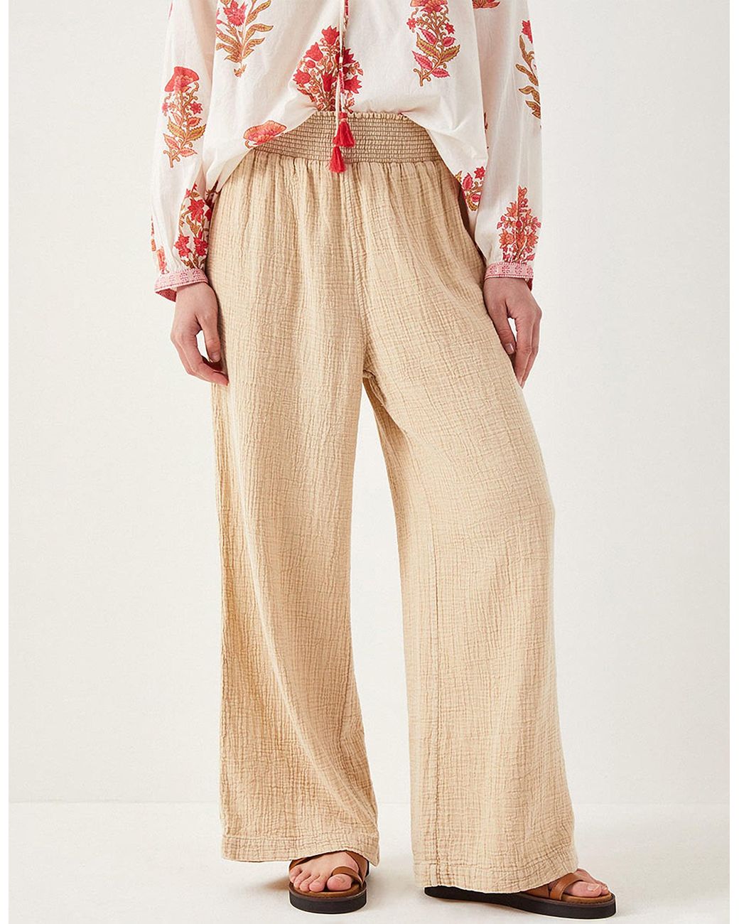 Monsoon East Stephanie Crinkled Cotton Trousers Natural