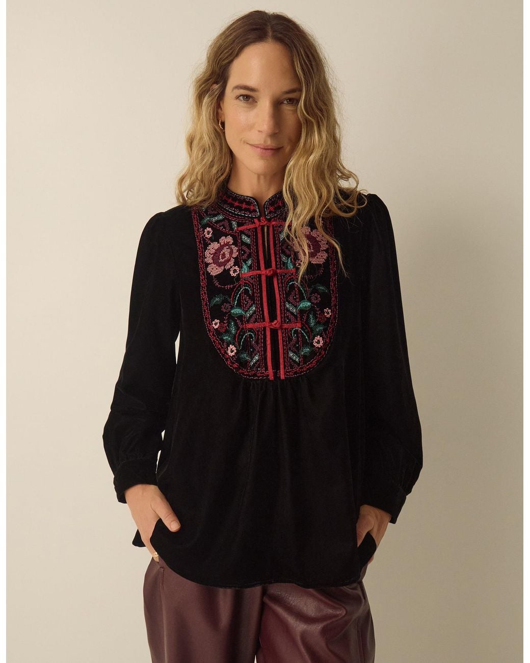 Monsoon Agnes Long Sleeve Floral Embroidered Velvet Top Black