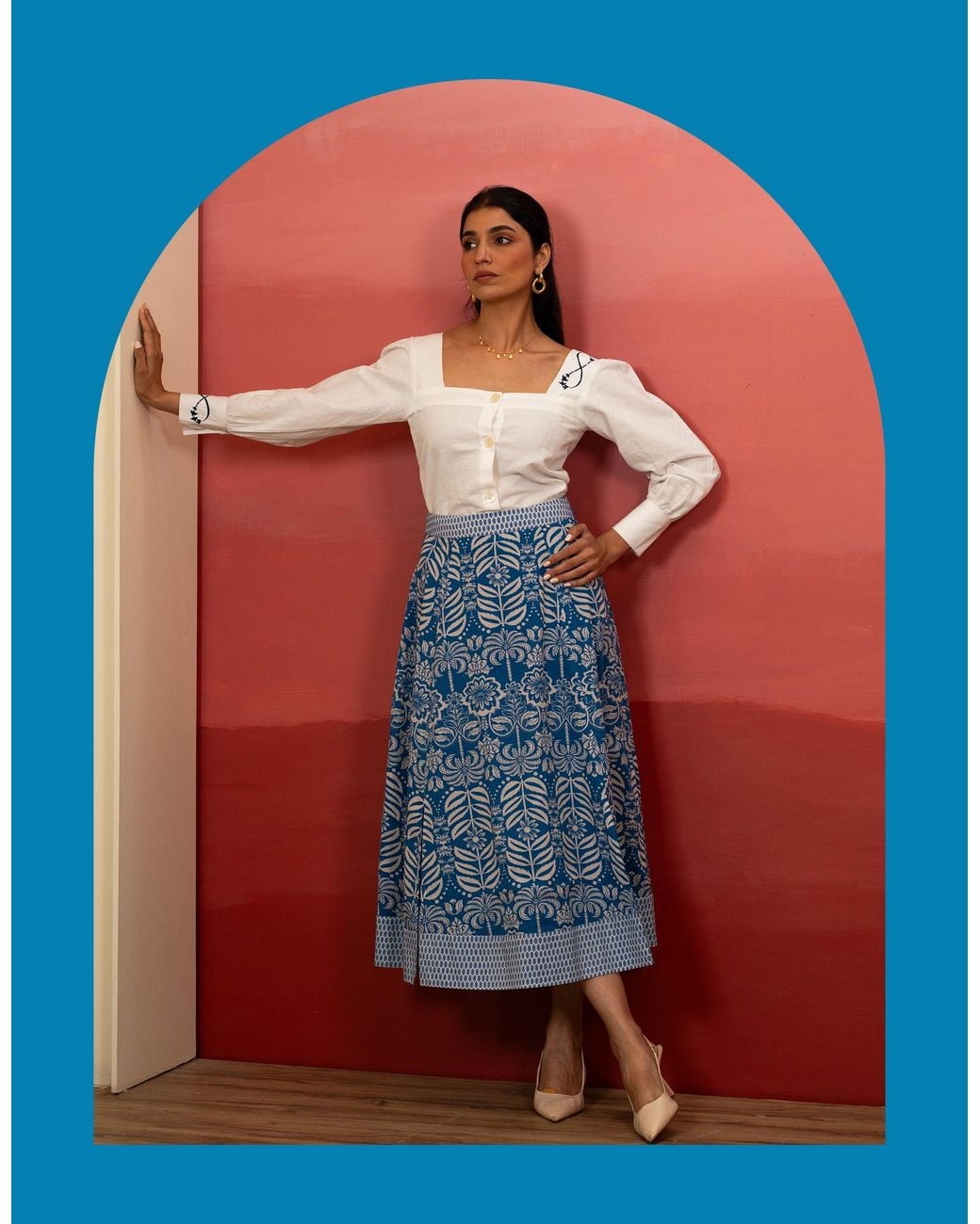 Monsoon India & Mills Amanda Tropic Midi Skirt Blue