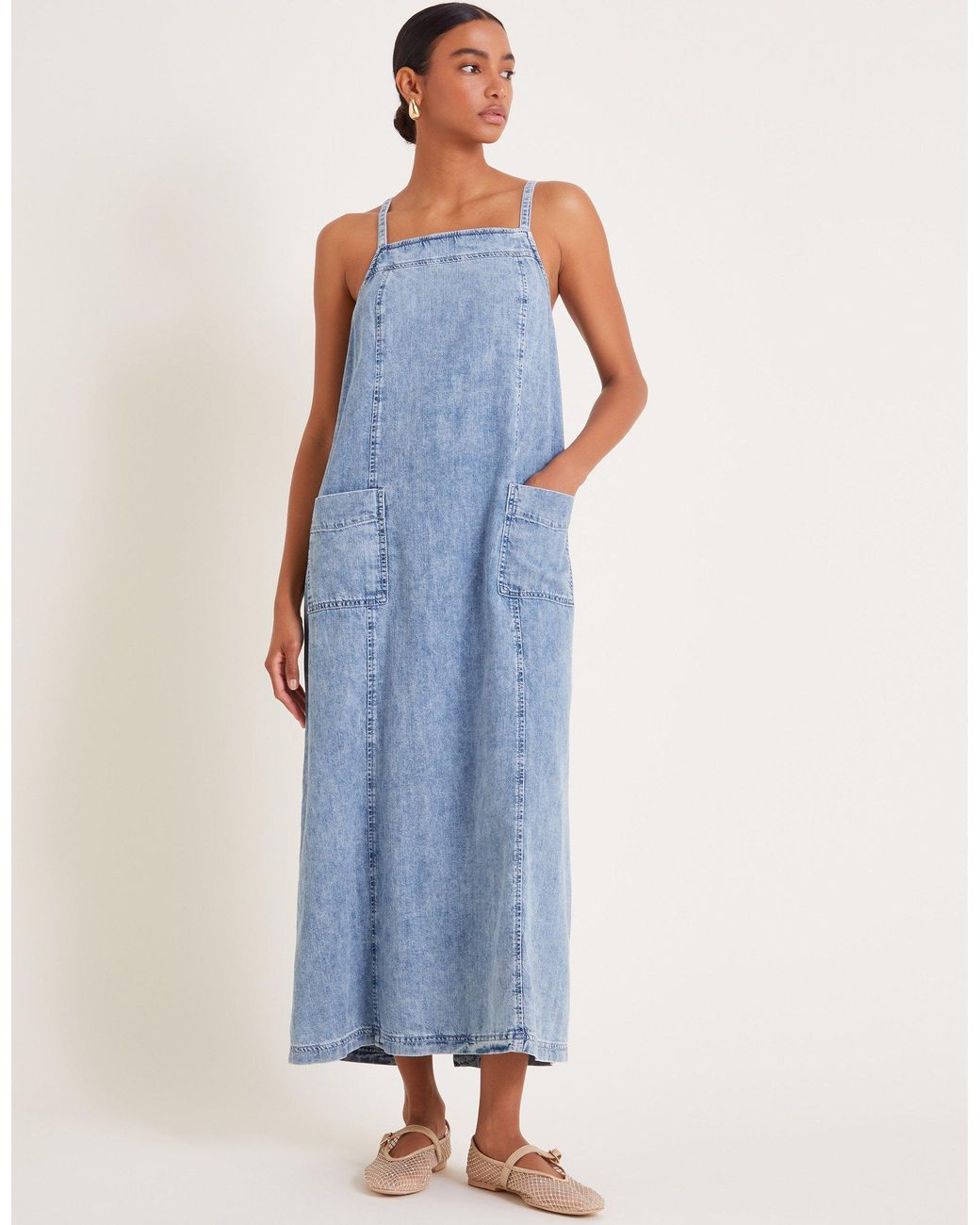 Denim pinafore midi hotsell