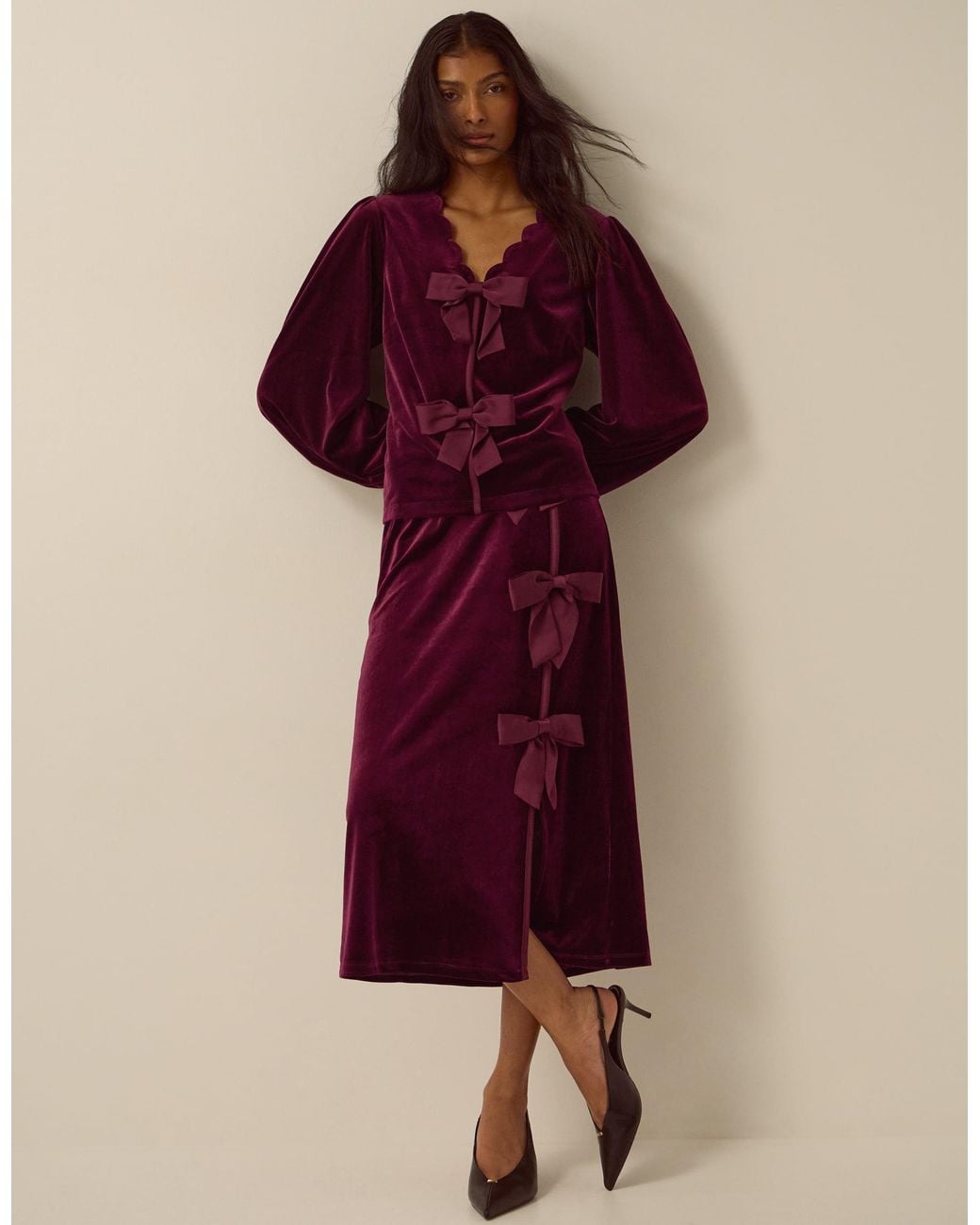 Monsoon Buffy Bow Velvet Midi Skirt Red