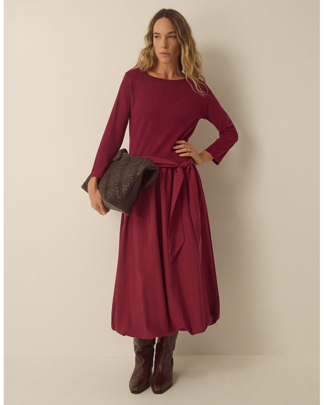 Monsoon Mikayla Long Sleeve Bubble Hem Midi Dress Red