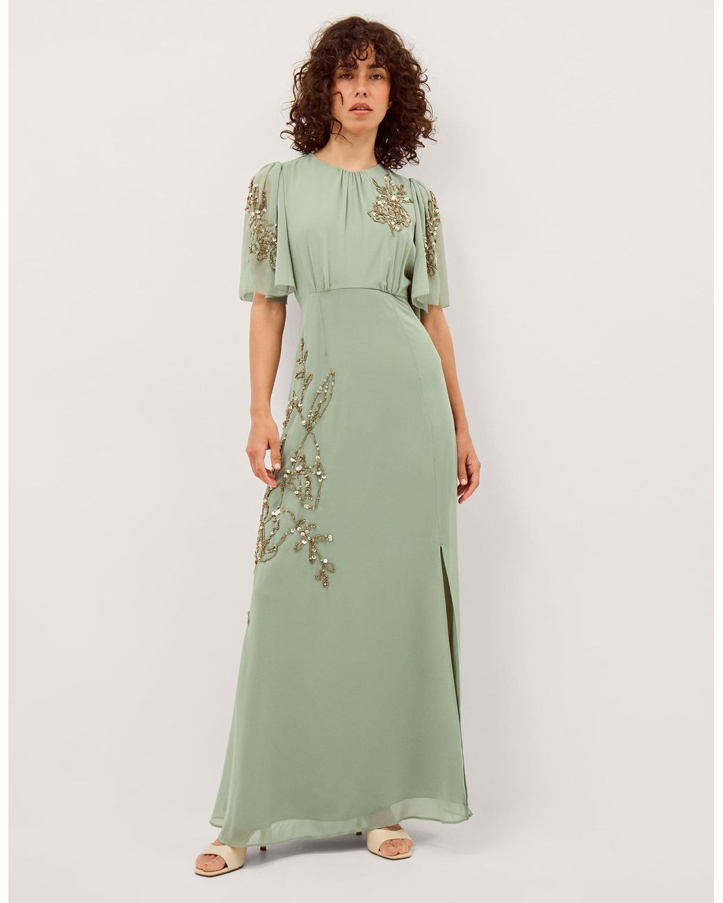 Monsoon Skyler Floral Embellished Maxi Dress Green