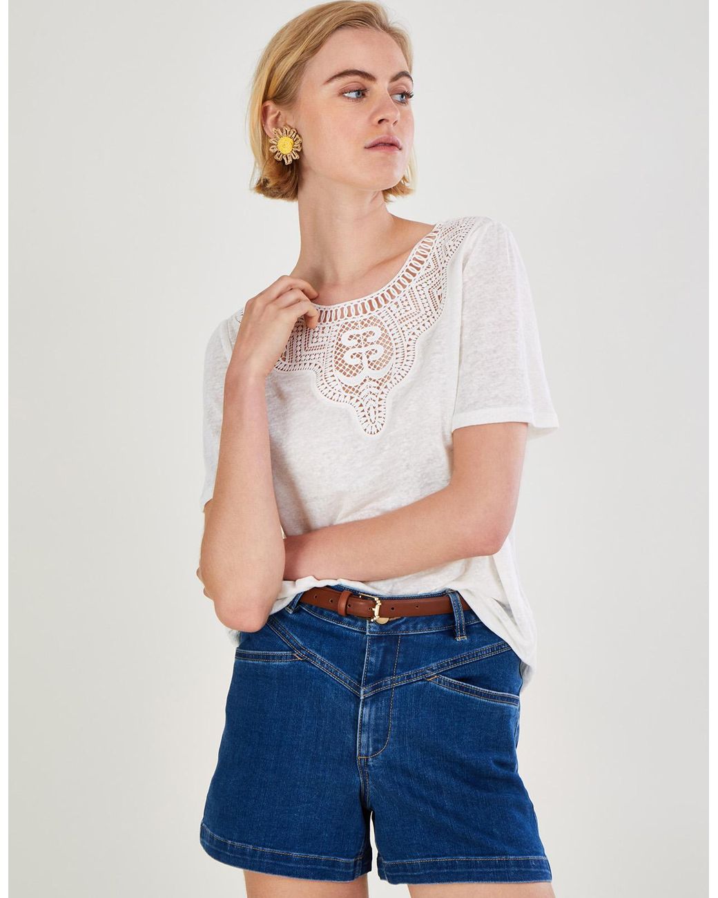 Monsoon Embroidered Detail Jersey Linen T-shirt Ivory in White | Lyst UK