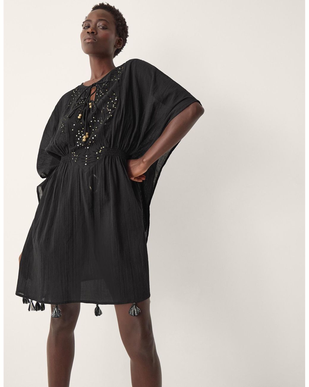 Monsoon Women's Black & Gold Cotton Embellished Jada Mini Kaftan, Size: M