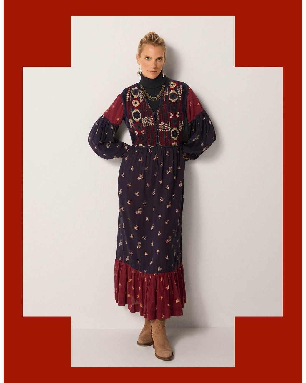 Monsoon Maison Hotel Ginevra Embroidered Floral Print Midi Dress Blue