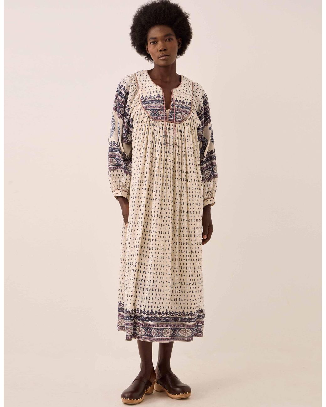 Monsoon Natural East Tilly Crinkle Cotton Midi Dress Blue
