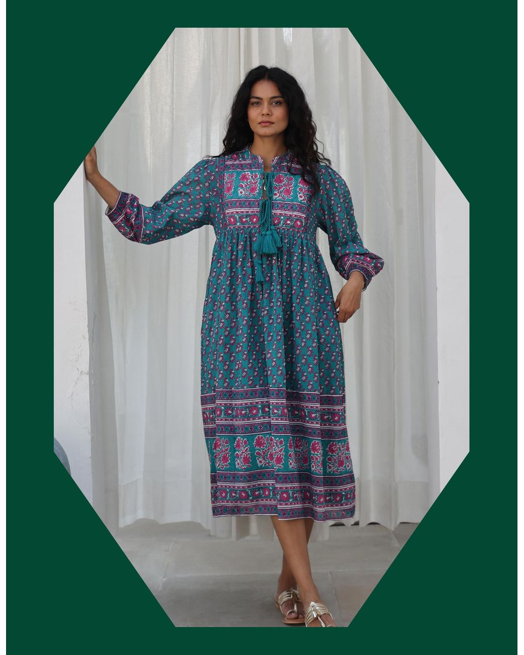 Monsoon Green Dilli Grey Priya Block Print Midi Dress Teal