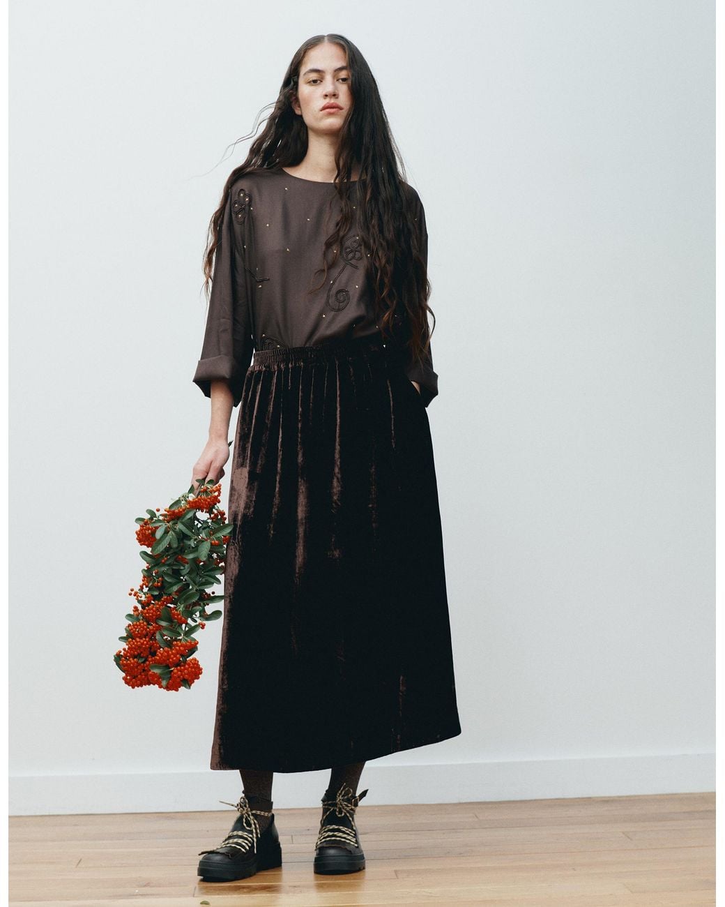 Monsoon East Laurie Velvet Midi Skirt Brown