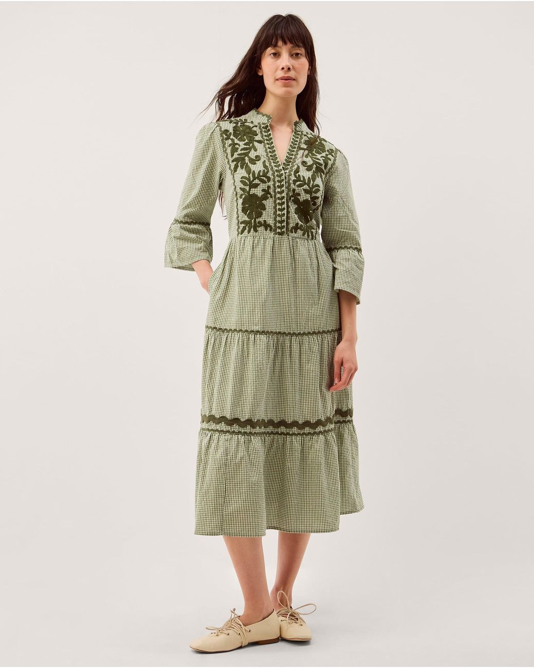 Monsoon Gaia Embroidered Gingham Midi Dress Green
