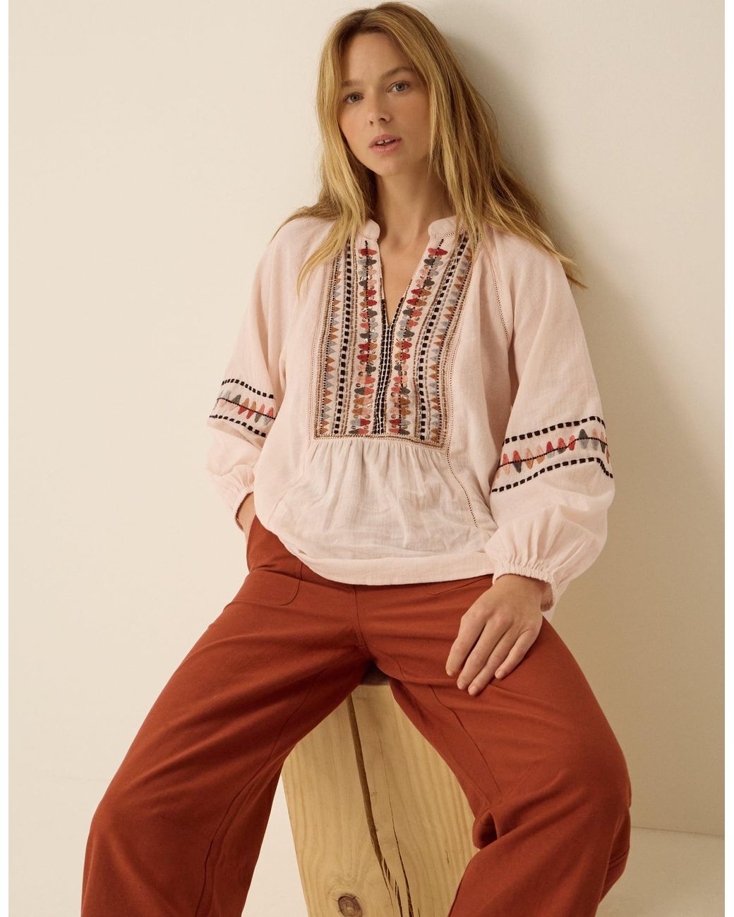 Monsoon Brown Aoife Geometric Embroidered Top Pink