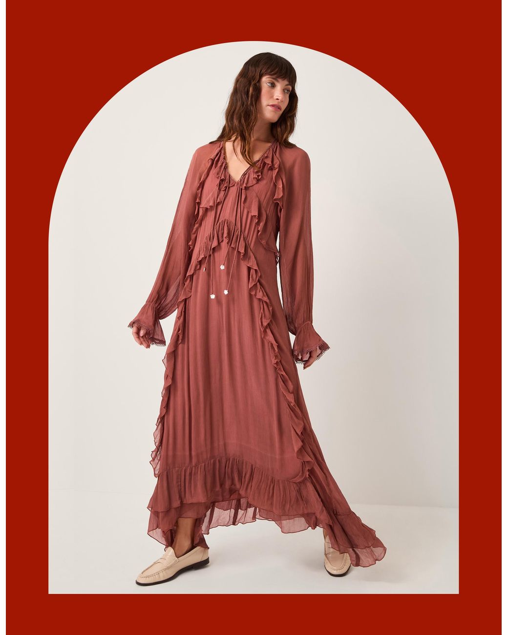 Monsoon Red Moliin Beatrice Ruffle Maxi Dress Orange