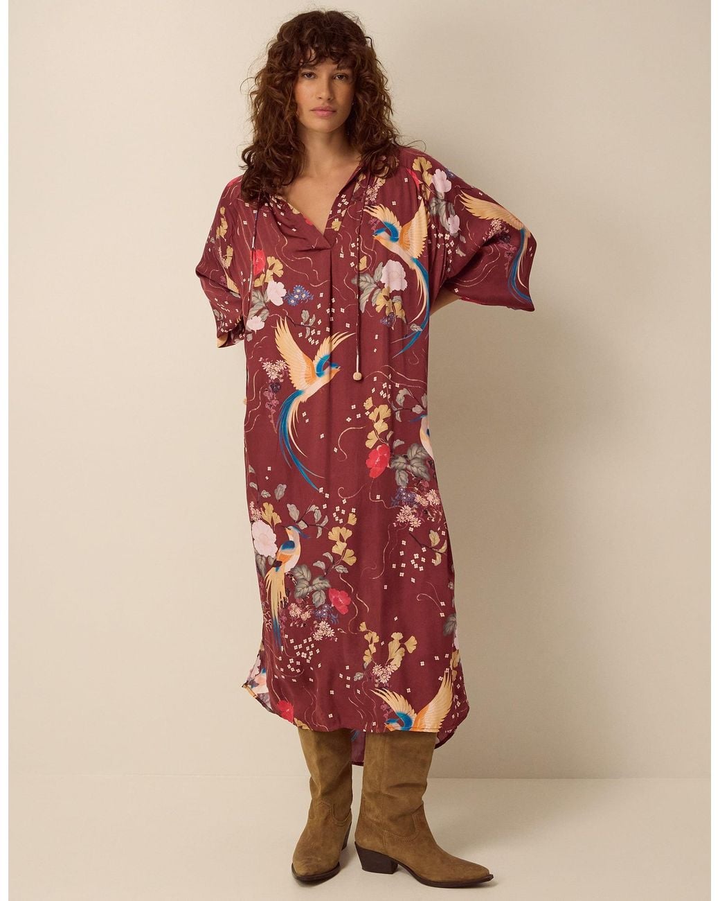 Monsoon Clemence Seraphine Floral Print Satin Midi Tunic Dress Red
