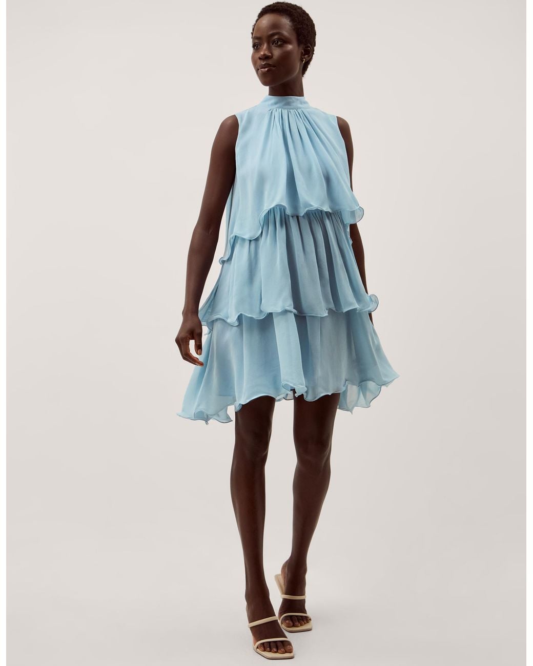 Monsoon Elle Sleeveless Ruffle Tier Mini Dress Blue