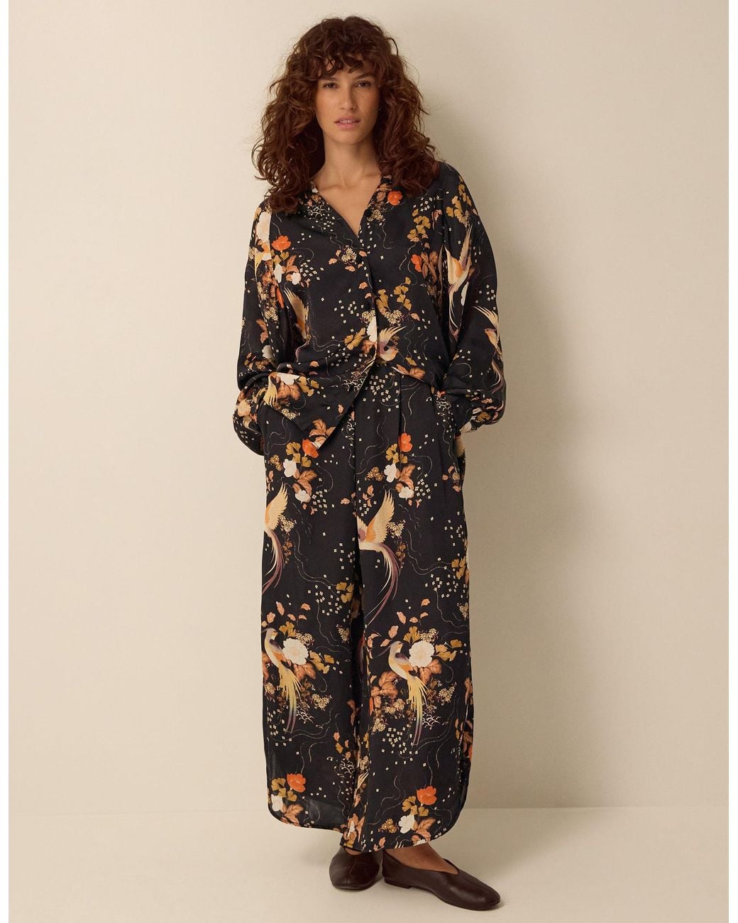 Monsoon Natural Clemence Seraphine Floral Print Satin Wide Leg Trousers Black