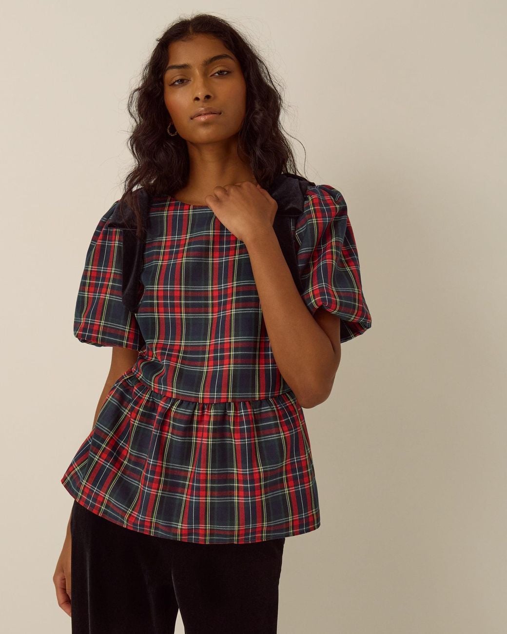 Monsoon Brown Dottie Puff Sleeve Bow Tartan Top Red
