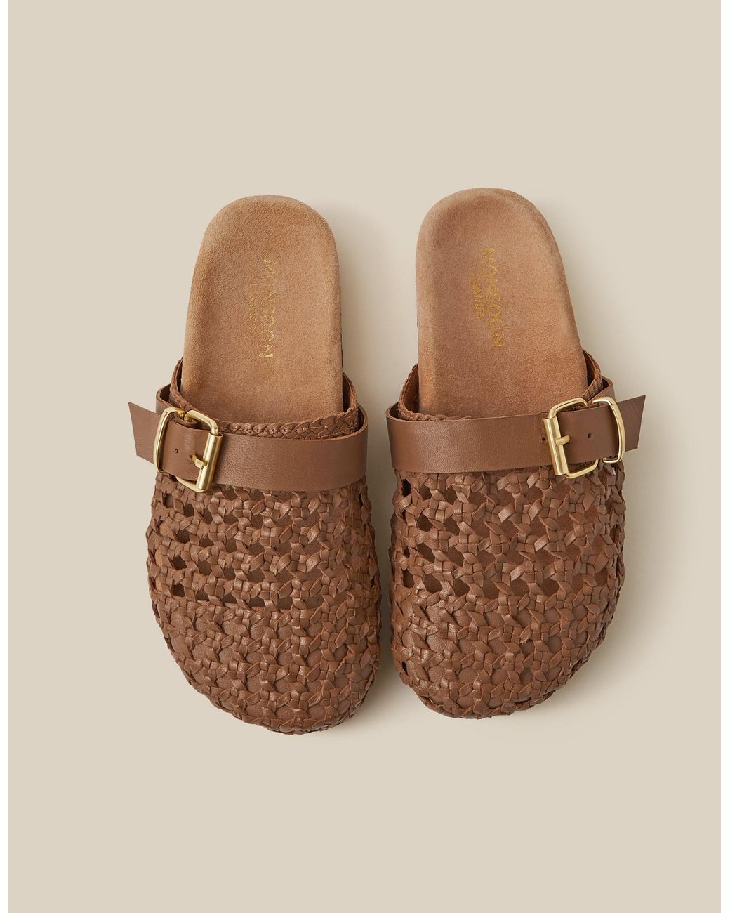 Monsoon Brown Freya Woven Leather Mules Natural