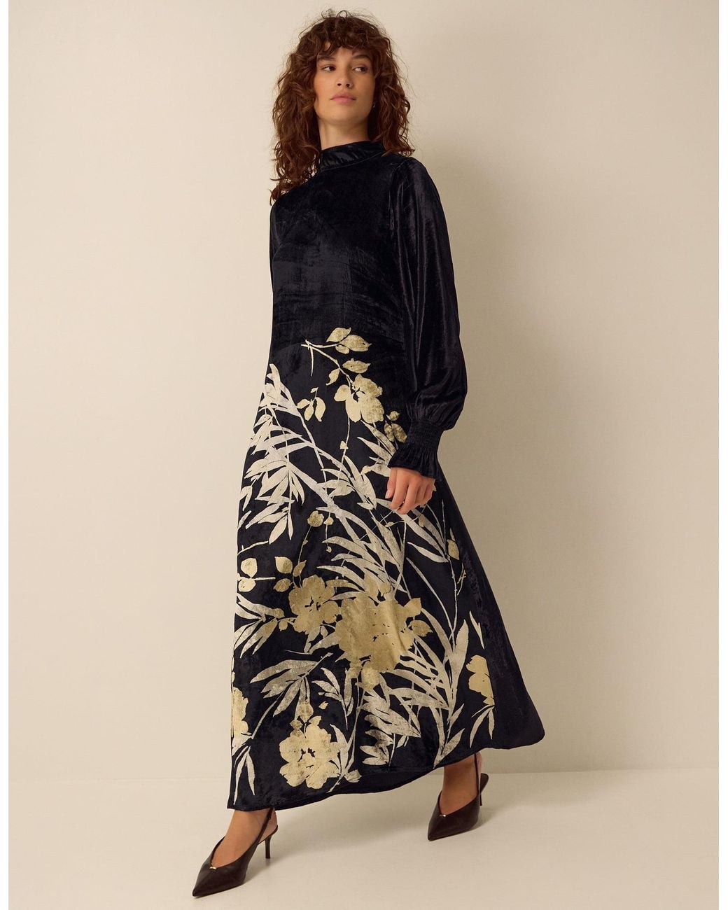 Monsoon Clemence Paloma High Neck Floral Print Velvet Midi Dress Black