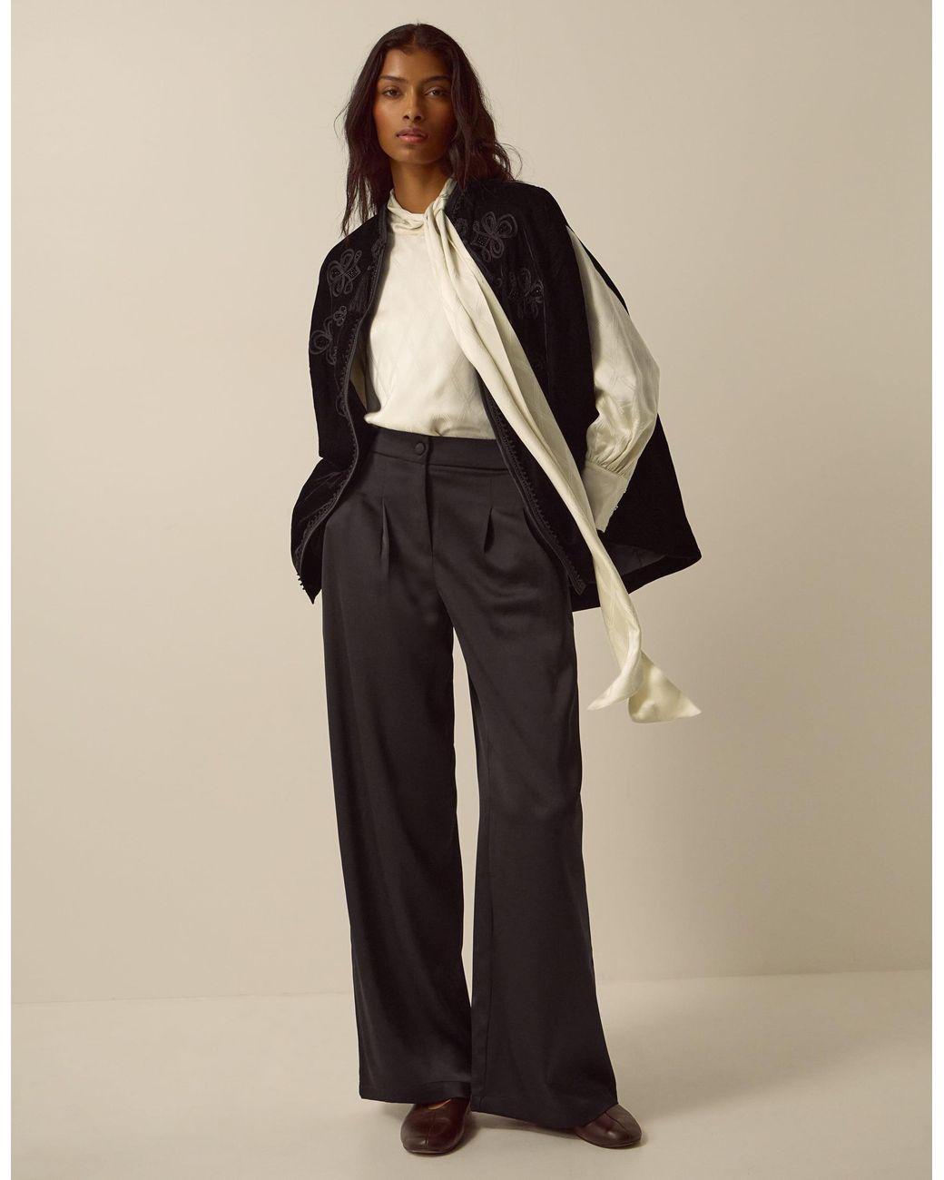 Monsoon Natural Maisie Satin Wide Leg Trousers Black