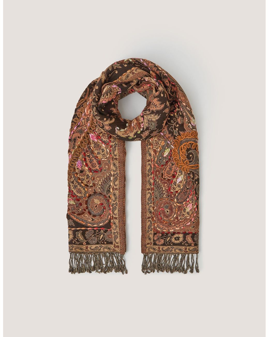 Monsoon Brown Ingrid Embroidered Paisley Print Scarf