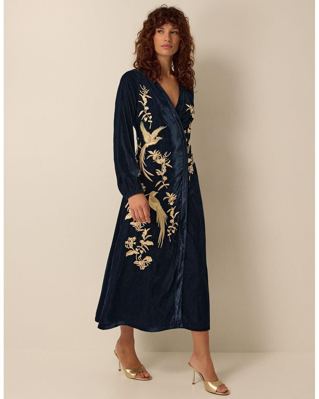 Monsoon Clemence Florentinie Long Sleeve Embroidered Velvet Midi Dress Blue