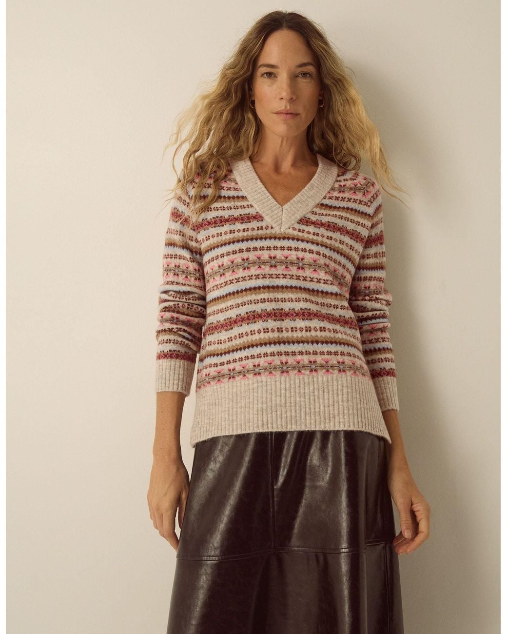 Monsoon Brown Fara V-neck Fair Isle Jumper Mink