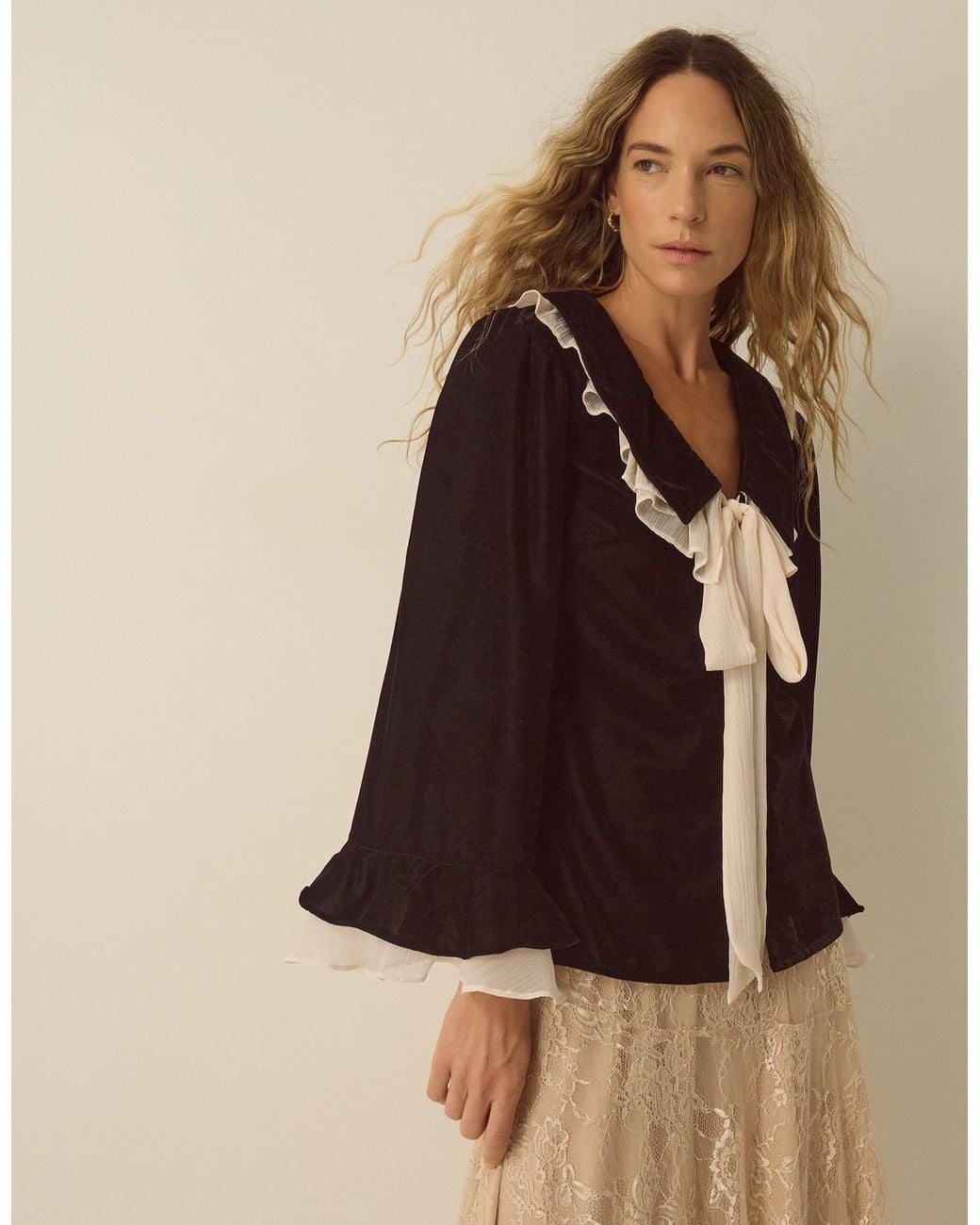 Monsoon Brown Anita Tie Neck Collar Velvet Top Black