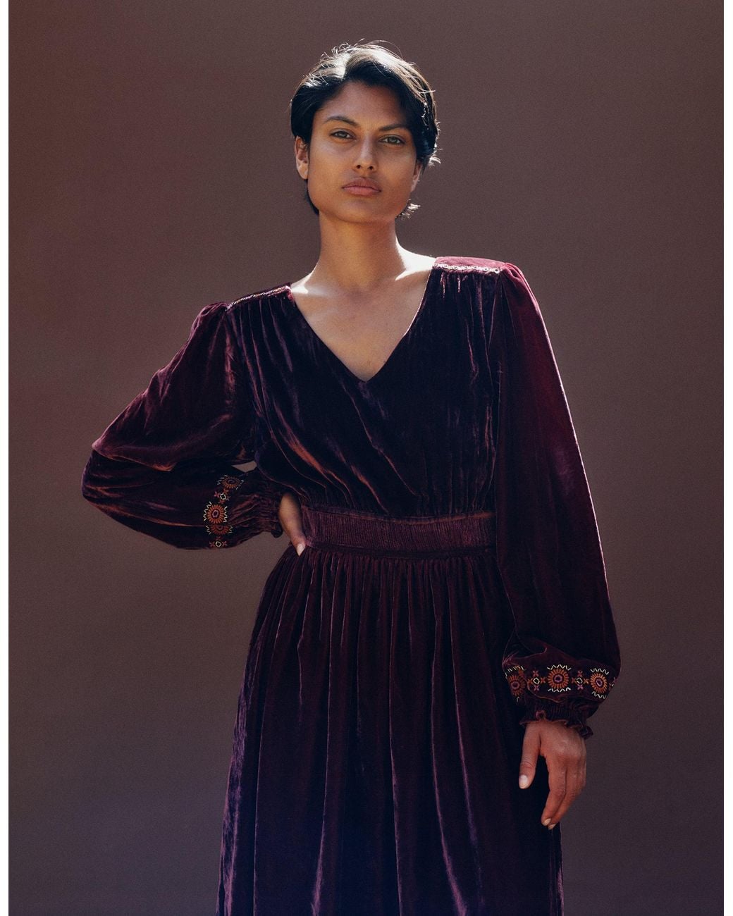 Monsoon Blue East Everly Floral Embroidered Velvet Maxi Dress Purple