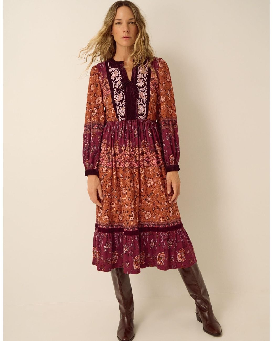 Monsoon Hunter Floral Print Jersey Midi Dress Red
