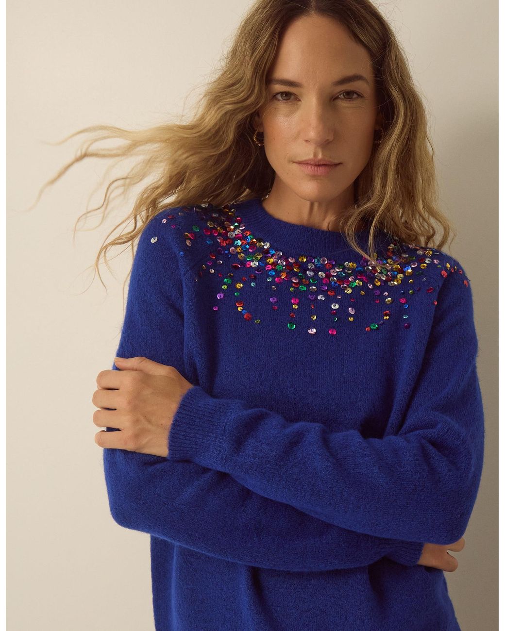 Monsoon Samara Sequin Embellished Crew Neck Jumper Blue