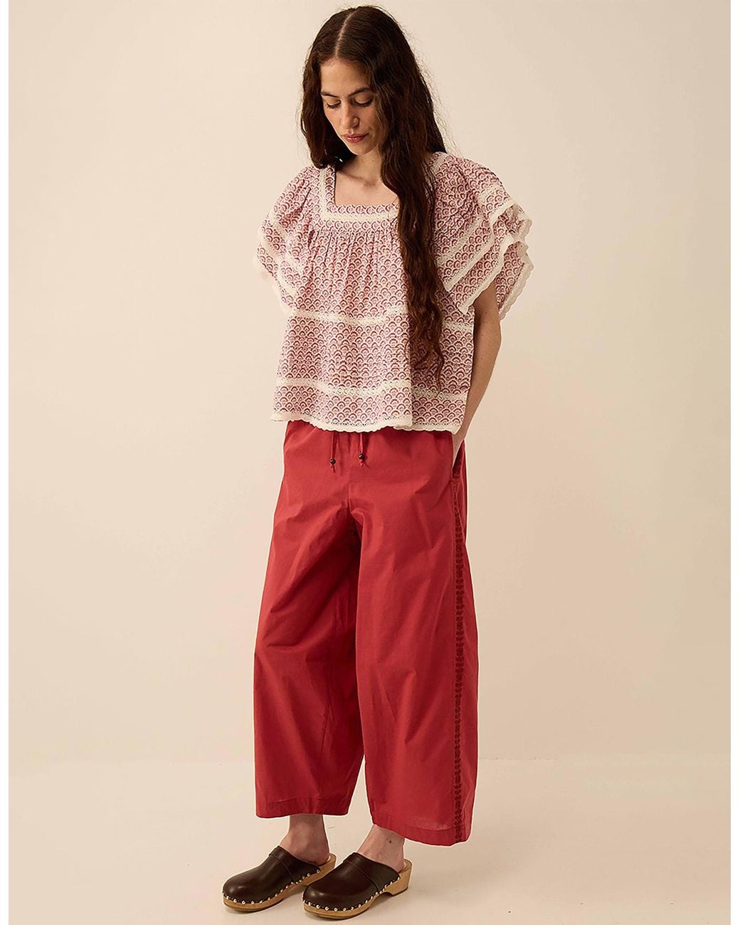 Monsoon East Irina Cotton Embroidered Trousers Pink