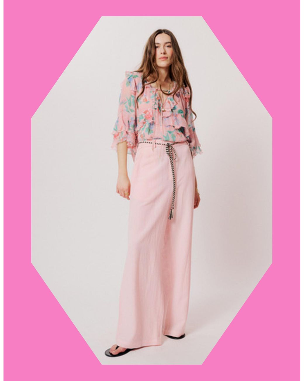 Monsoon Moliin Linda Floral Ruffle Blouse Pink