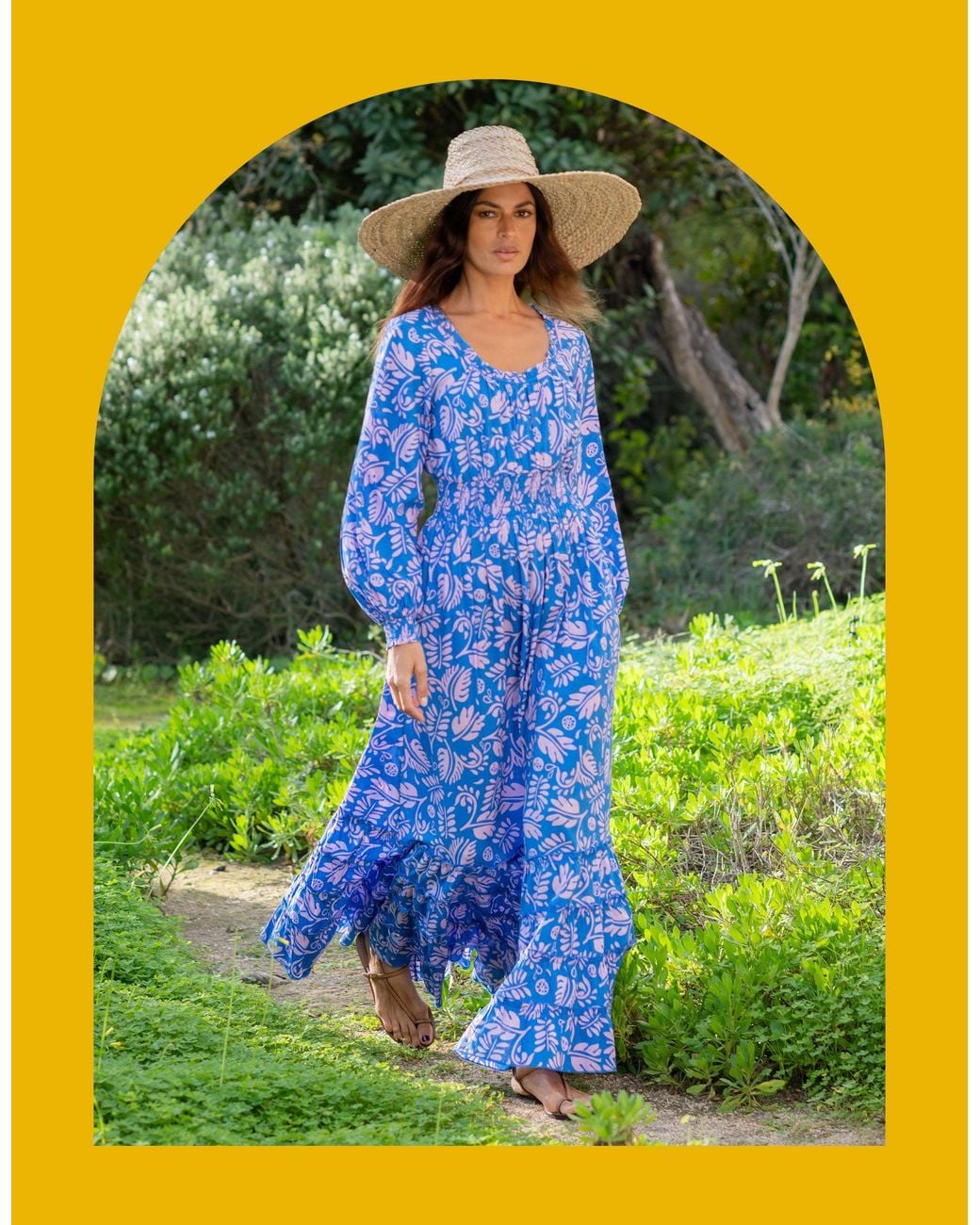 Monsoon Yellow La Galeria Elefante Women's Blue & Pink Floral Print Jodie Flamenco Maxi Dress, Size: S