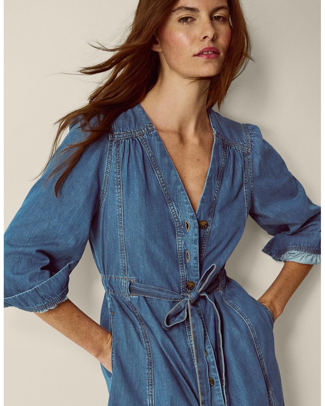 Monsoon Alison V-neck Denim Midi Dress Blue