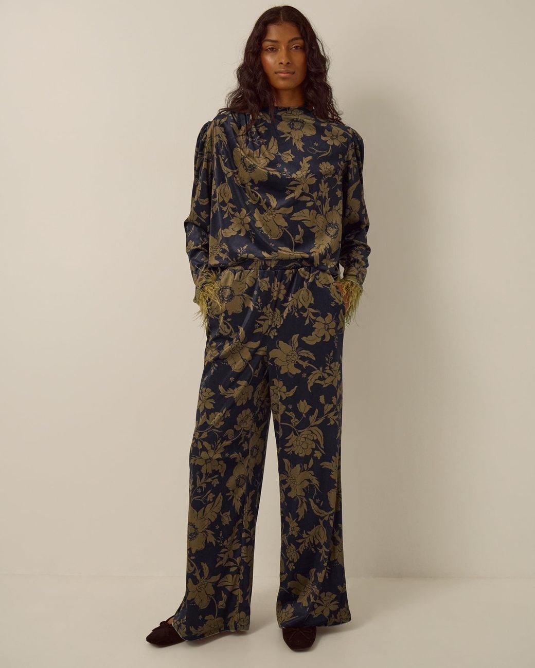 Monsoon Brown Princella High Waisted Floral Velvet Wide Leg Trousers Blue