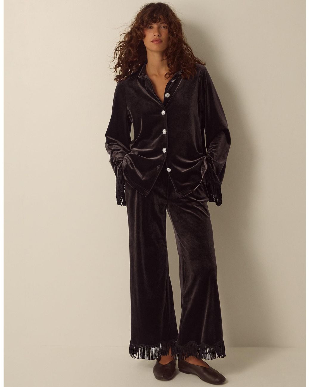 Monsoon Tami Fringe Cuff Velvet Shirt Brown
