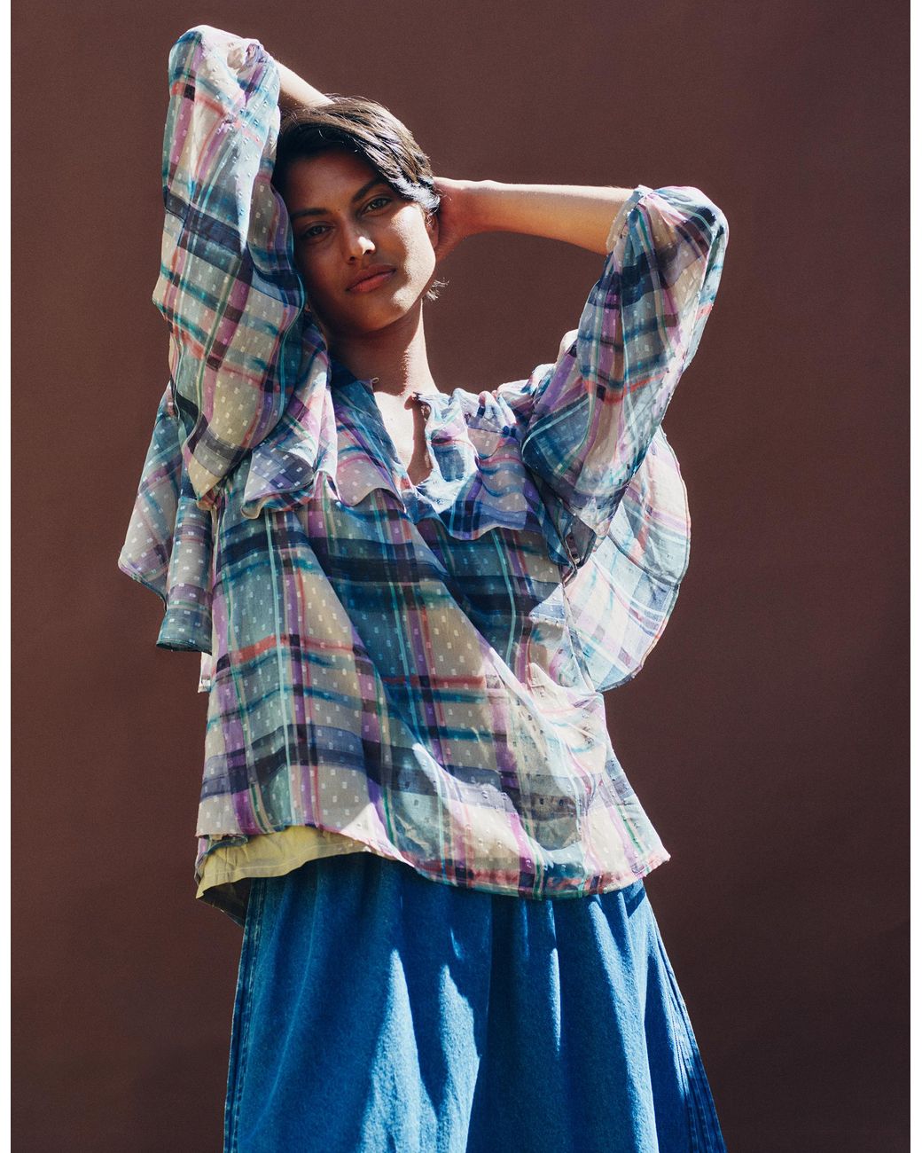 Monsoon Blue East Clarissa Hand-painted Check Print Blouse Teal