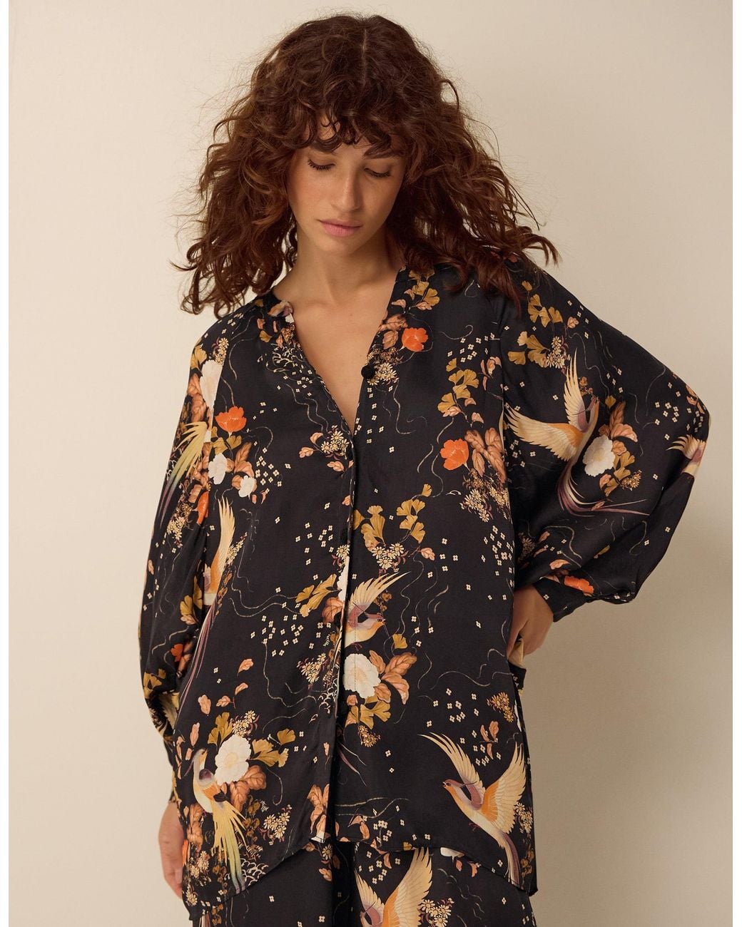 Monsoon Clemence Seraphine Floral Print Satin Blouson Blouse Black