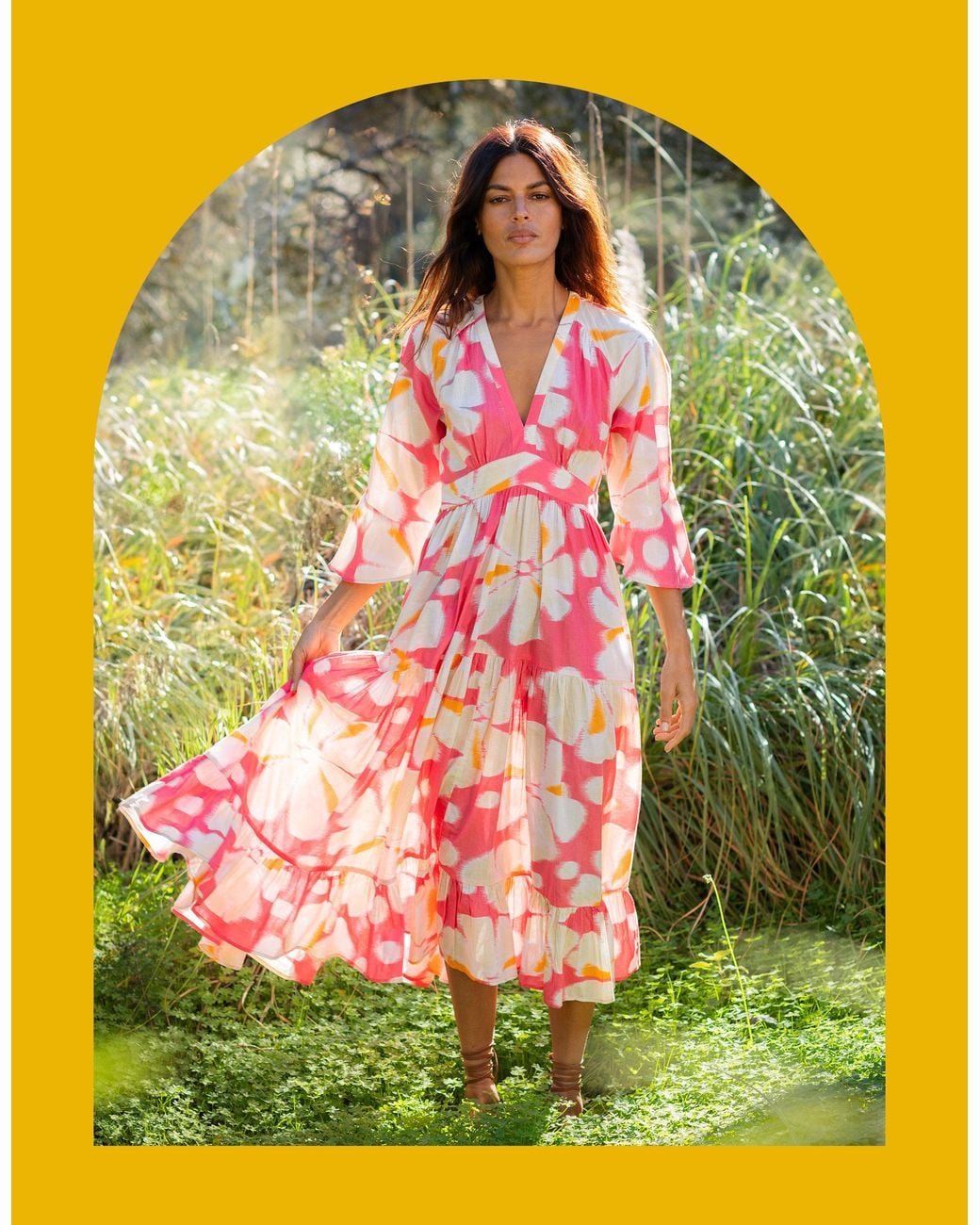 Monsoon La Galeria Elefante Women's Orange & Pink Floral Print Tiered Midi Dress, Size: S