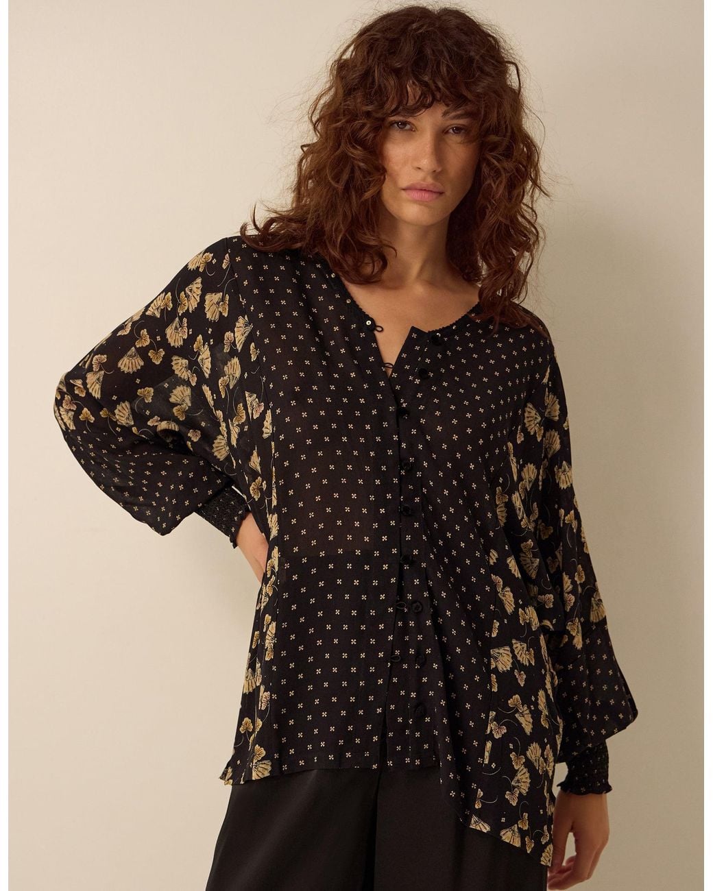 Monsoon Clemence Amelie Batwing Sleeve Contrast Print Blouse Black