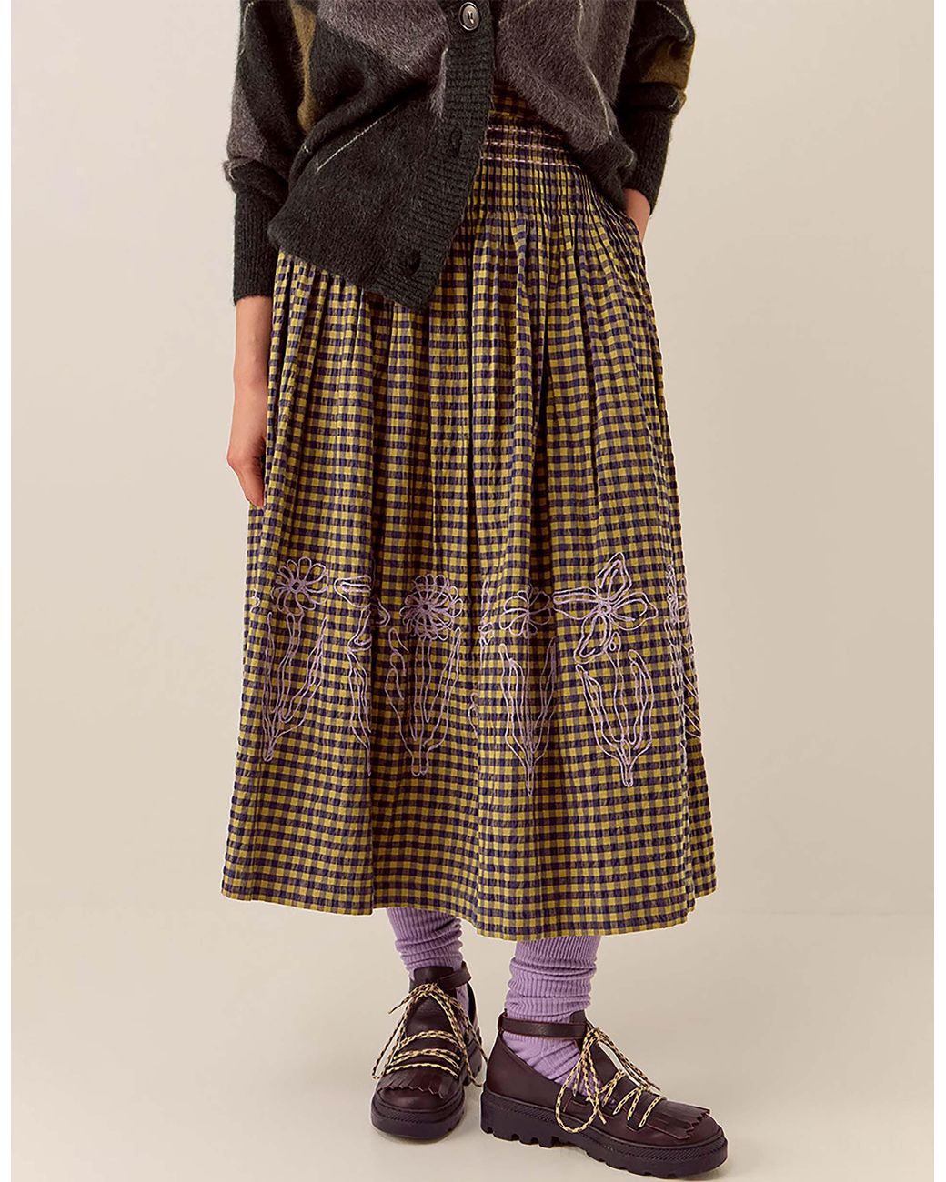 Monsoon Brown East Dilly Gingham Cotton Skirt Multi