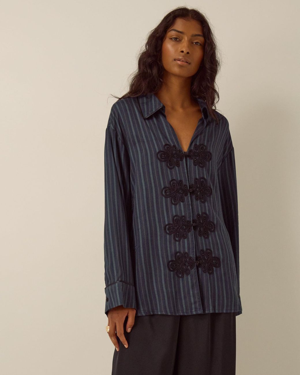 Monsoon Ellie V-neck Frogging Stripe Shirt Blue