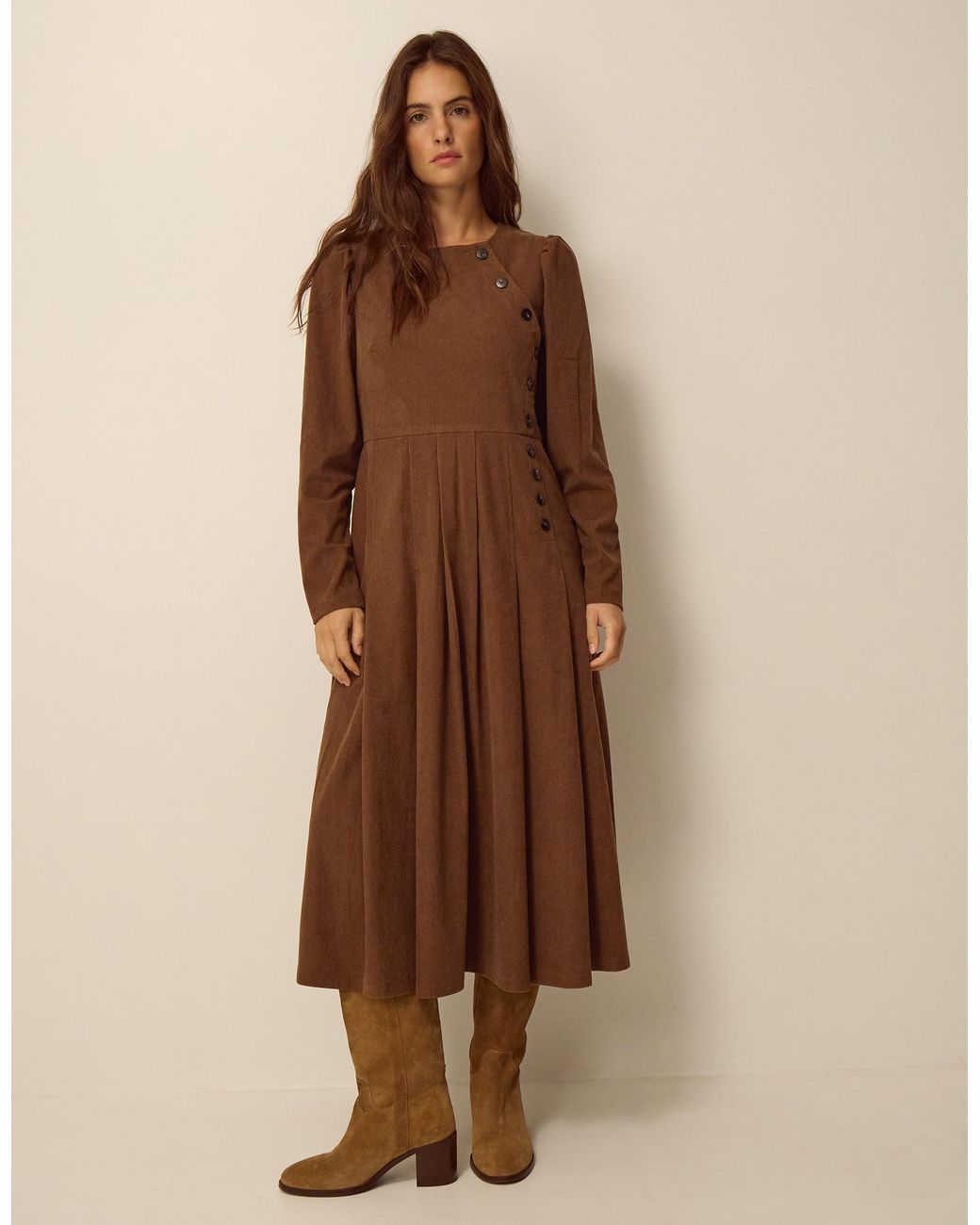 Monsoon Brown Silvia Button Stretch Corduroy Midi Dress Tan