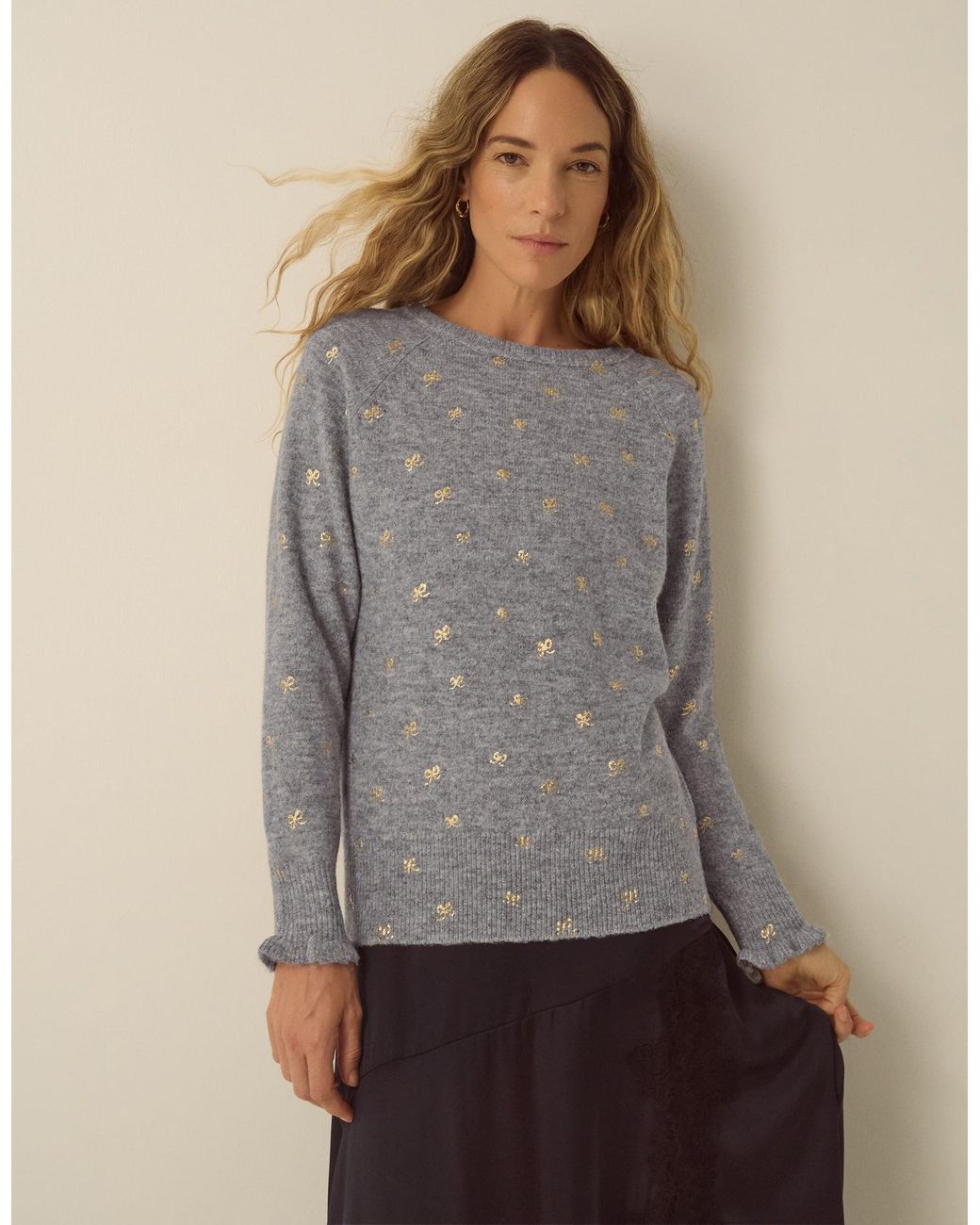 Monsoon Gray Fee Foil Bow Print Crew Neck Jumper Grey