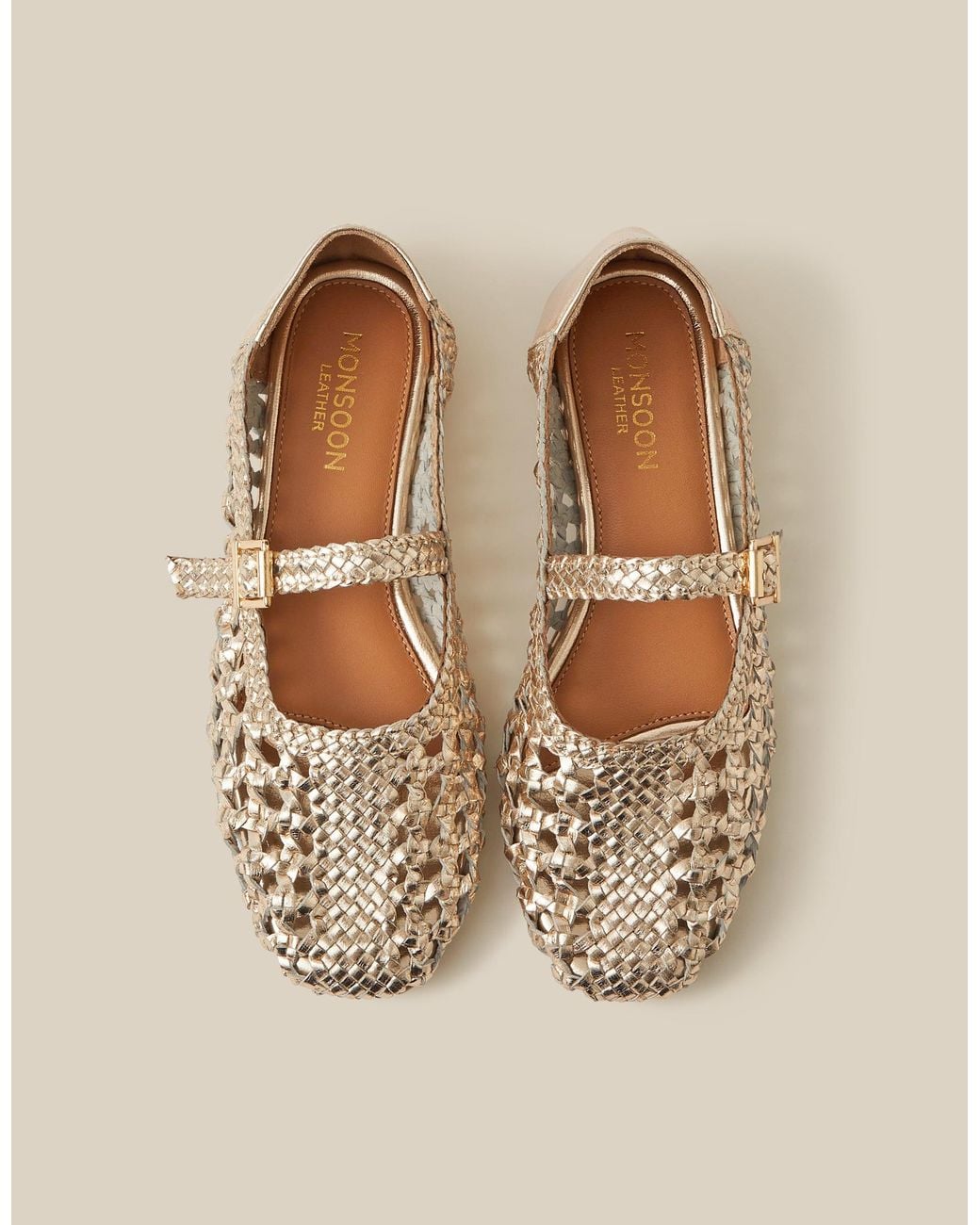 Monsoon Brown Bessy Woven Leather Mary Jane Ballet Flats Silver