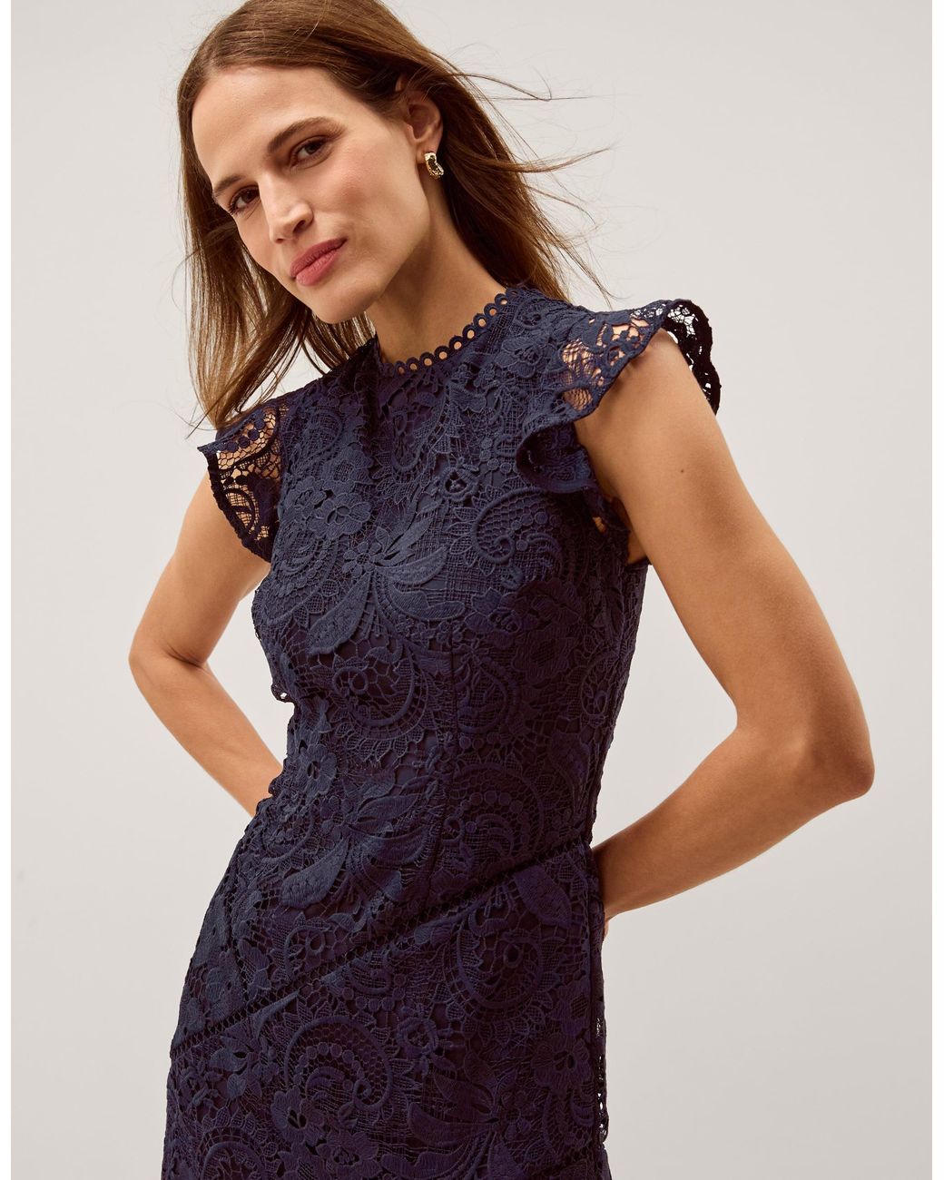 Monsoon Gina Floral Lace Midi Dress Blue