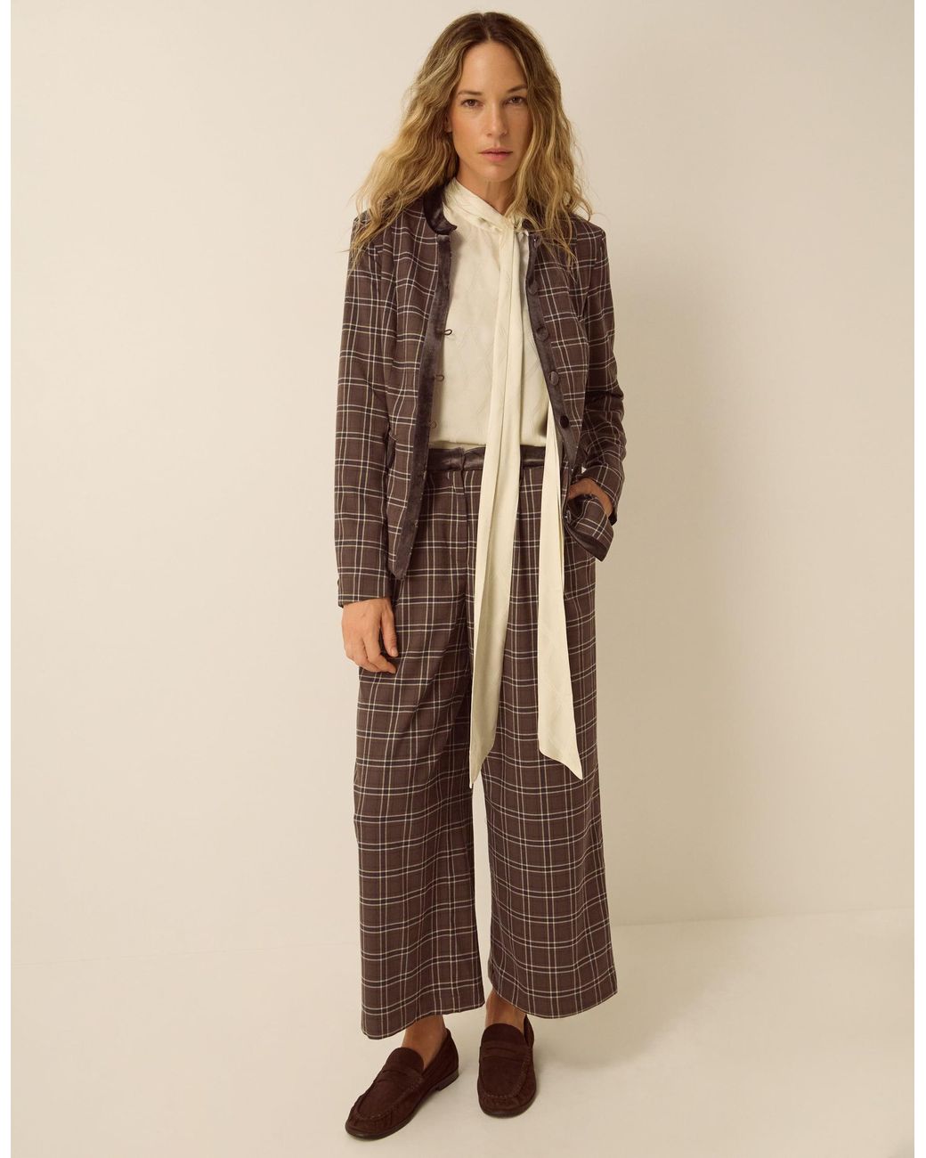 Monsoon Natural Gracie Check Print Wide Leg Trousers Brown