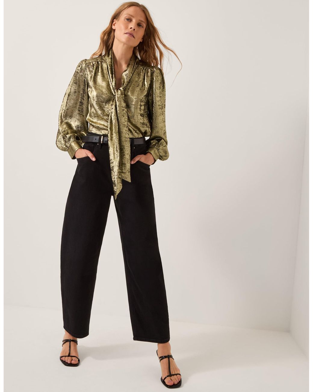 Monsoon Milena Metallic Tie Neck Blouse Gold