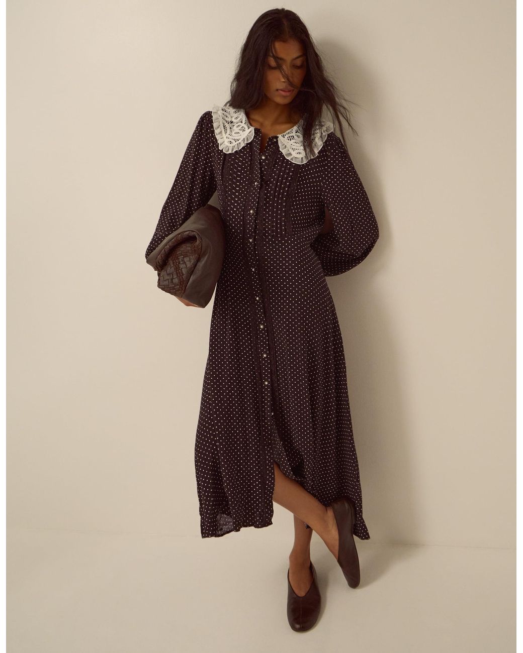 Monsoon Shae Lace Collar Polka Dot Midi Dress Brown