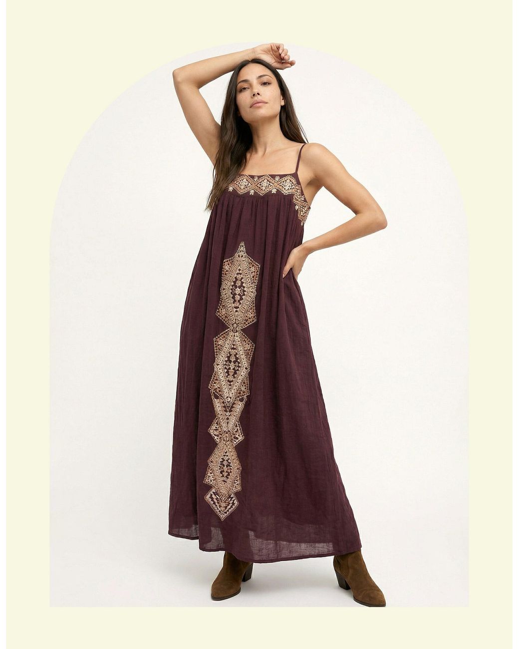 Monsoon Purple Raffya Sapphire Strappy Embroidered Maxi Dress Brown